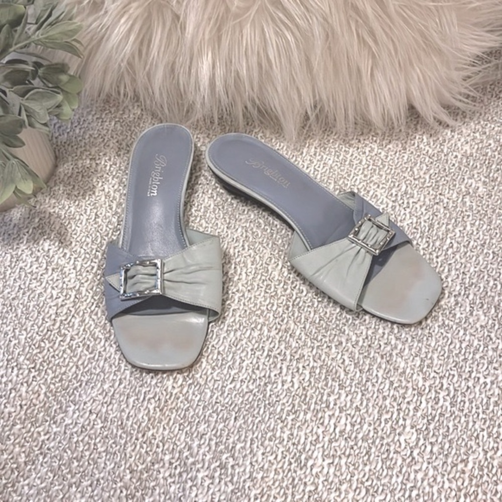 Brighton Honey Two-tone Baby Blue Colorblock Buckle Slide Slip On Sandals Sz 6.5